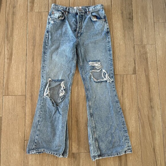 Free People New Dawn Flare Jeans Women's 30 Blue Denim Distressed High Rise Boho - Picture 3 of 11